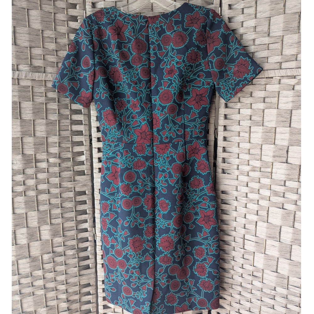 J.Crew Sheath Dress Blue Teal Burgundy Floral Print Short Sleeve Sz 0 Mod Retro‎ - Picture 4 of 11